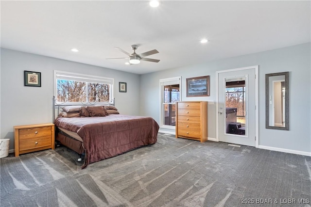 carpeted bedroom with recessed lighting, baseboards, and a ceiling fan