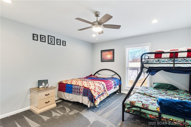 carpeted bedroom with a ceiling fan, recessed lighting, and baseboards