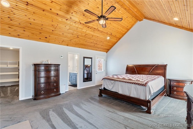 carpeted bedroom featuring a spacious closet, baseboards, wooden ceiling, ensuite bathroom, and high vaulted ceiling