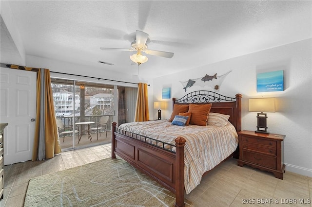 bedroom with access to exterior, visible vents, baseboards, a textured ceiling, and a ceiling fan