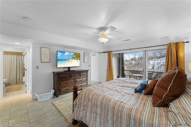 bedroom with light tile patterned floors, baseboards, access to exterior, and a ceiling fan