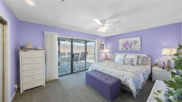 bedroom featuring carpet floors, ceiling fan, and access to outside