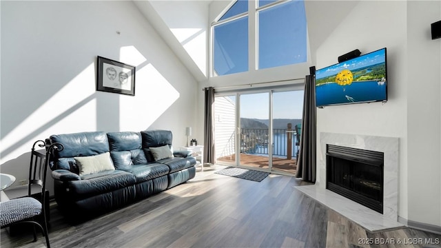 living area with high vaulted ceiling, wood finished floors, and a premium fireplace