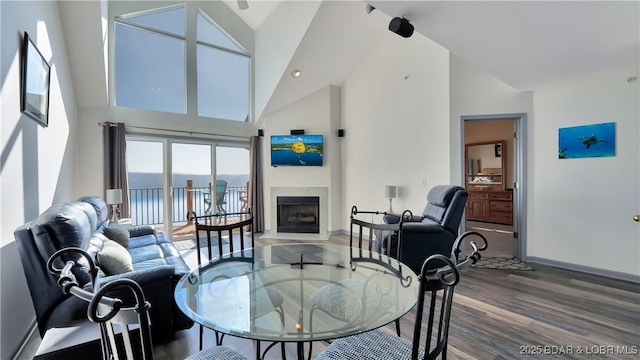 living area featuring high vaulted ceiling, wood finished floors, baseboards, and a premium fireplace