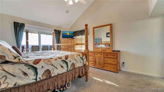 bedroom with ceiling fan, high vaulted ceiling, baseboards, and light carpet