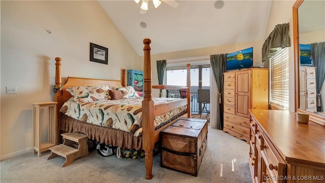 carpeted bedroom featuring ceiling fan, access to exterior, baseboards, and high vaulted ceiling