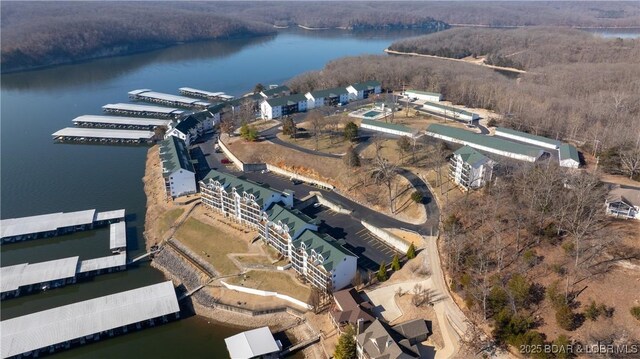 drone / aerial view featuring a water view