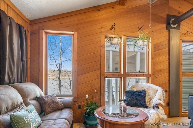 sitting room with wood walls and vaulted ceiling