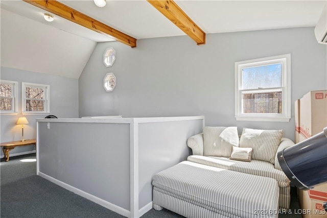 carpeted bedroom with an AC wall unit, vaulted ceiling with beams, and baseboards