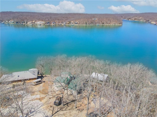 drone / aerial view featuring a water view