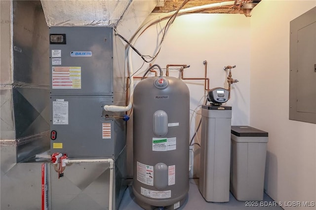 utilities featuring electric panel, heating unit, and electric water heater