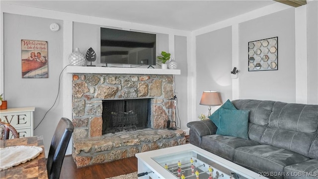 living area with a fireplace and wood finished floors