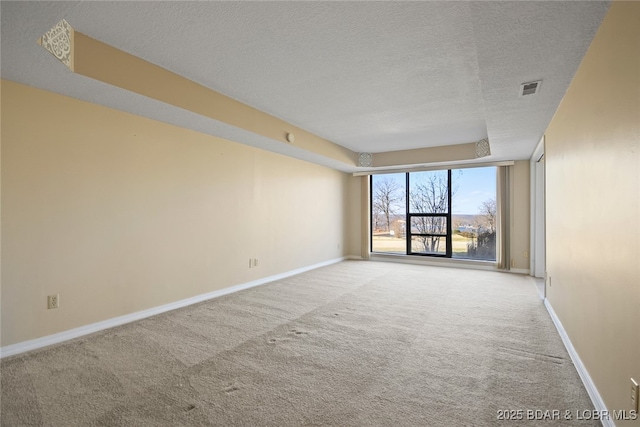 spare room featuring visible vents, baseboards, light colored carpet, expansive windows, and a textured ceiling