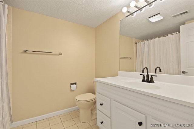 full bath with tile patterned flooring, visible vents, baseboards, toilet, and a textured ceiling