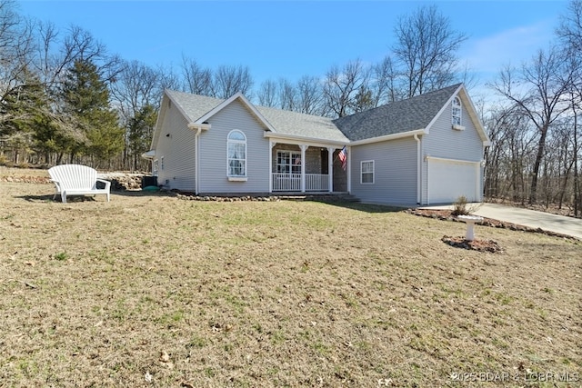 ranch-style house featuring a porch, a shingled roof, concrete driveway, a front lawn, and a garage