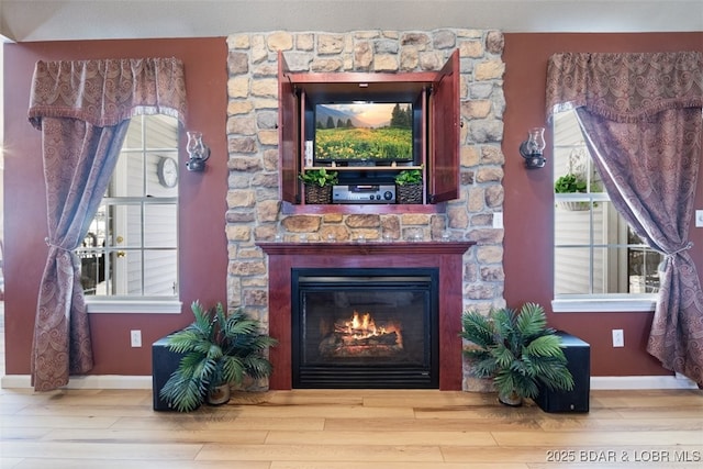 room details featuring baseboards, wood finished floors, and a fireplace