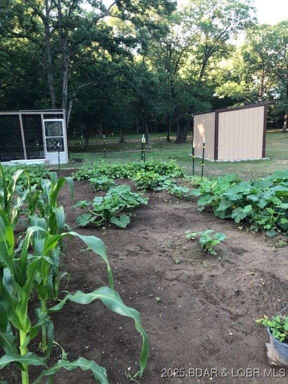 view of yard with an outdoor structure and a vegetable garden