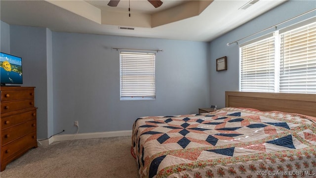 bedroom featuring a raised ceiling, multiple windows, carpet flooring, and baseboards