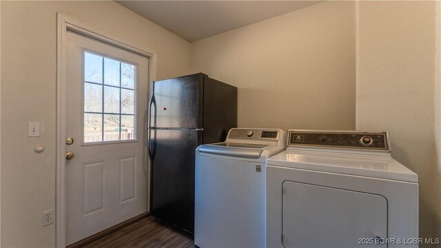 laundry room featuring independent washer and dryer, dark wood-style floors, and laundry area