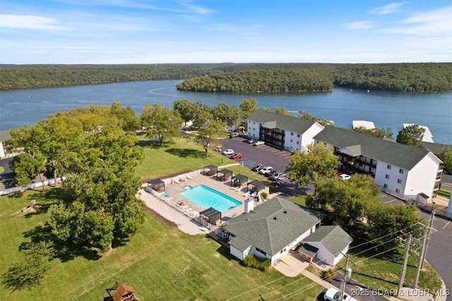 birds eye view of property featuring a water view