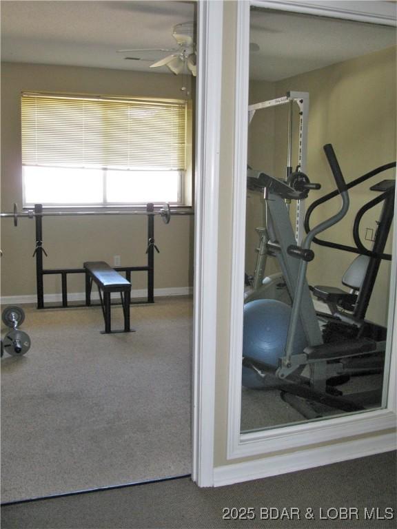 workout area with carpet, baseboards, and ceiling fan