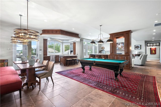 rec room with pool table, tile patterned floors, recessed lighting, and visible vents