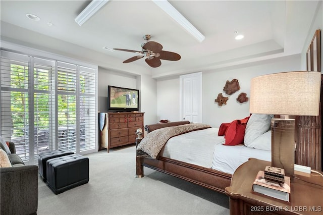 bedroom featuring recessed lighting, visible vents, carpet floors, and a ceiling fan