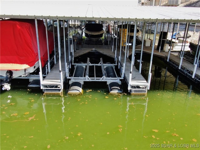 dock area with boat lift and a water view