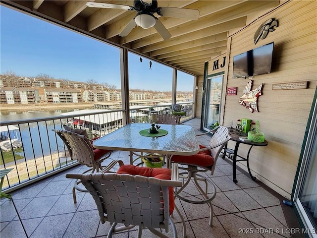 exterior space featuring a ceiling fan and a water view