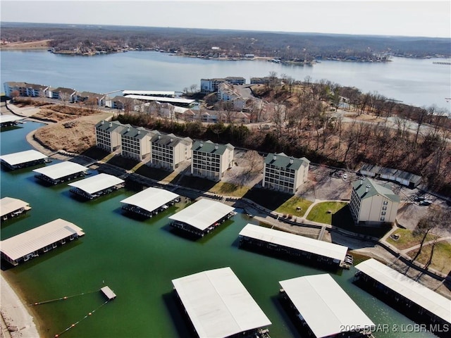 drone / aerial view with a water view