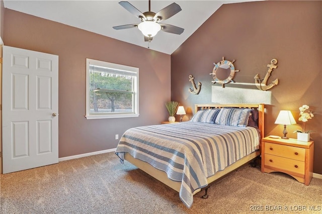 carpeted bedroom featuring baseboards, a ceiling fan, and vaulted ceiling