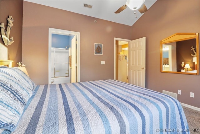 carpeted bedroom featuring visible vents, baseboards, a ceiling fan, and vaulted ceiling