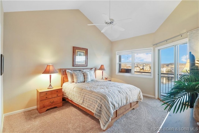 bedroom featuring high vaulted ceiling, a ceiling fan, baseboards, light colored carpet, and access to exterior