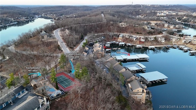 bird's eye view with a water view