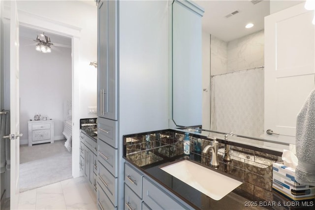 bathroom with visible vents, marble finish floor, curtained shower, recessed lighting, and vanity