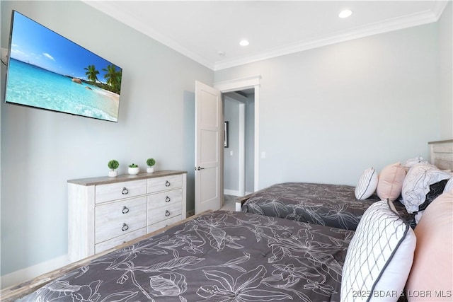 bedroom featuring recessed lighting, baseboards, and ornamental molding