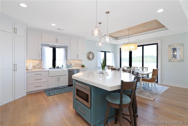 kitchen with light wood-style flooring, appliances with stainless steel finishes, a tray ceiling, and a sink