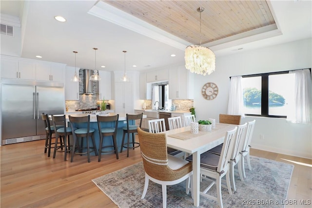 dining room featuring a wealth of natural light, wood ceiling, light wood-style floors, and a tray ceiling