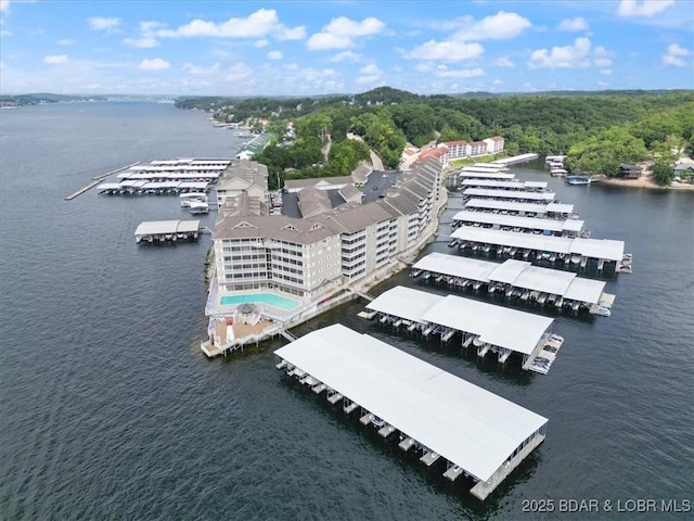 drone / aerial view featuring a water view