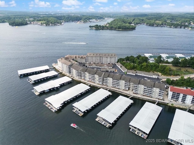 birds eye view of property with a water view