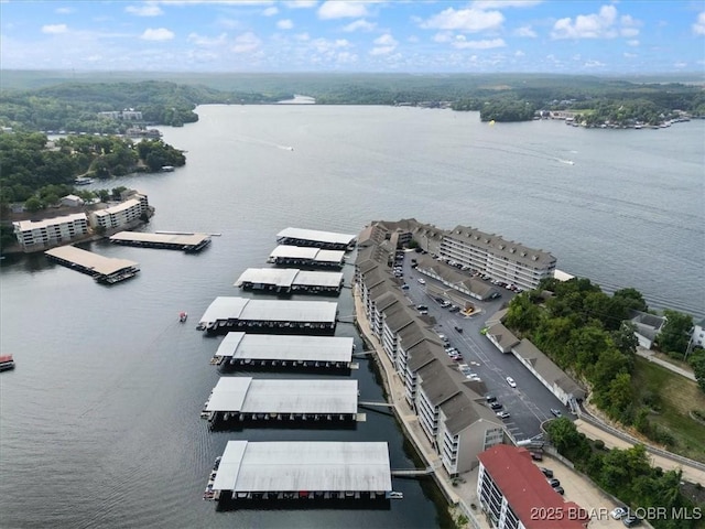 drone / aerial view featuring a water view