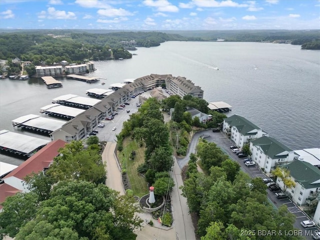 birds eye view of property with a water view