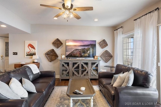 living room with ceiling fan, wood finished floors, and recessed lighting