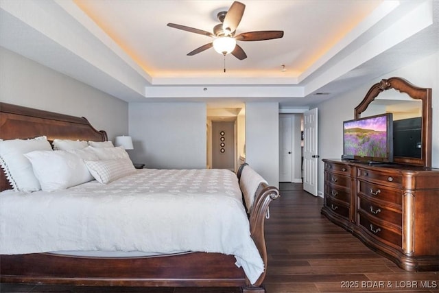 bedroom featuring a raised ceiling, a ceiling fan, and wood finished floors