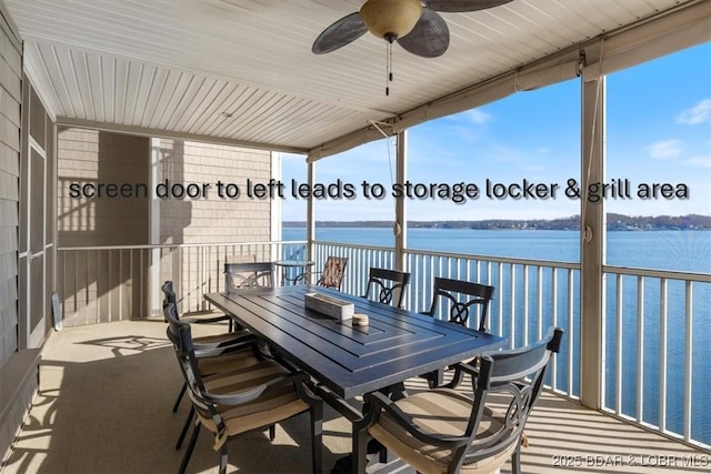 view of patio / terrace with outdoor dining area, a water view, a balcony, and a ceiling fan