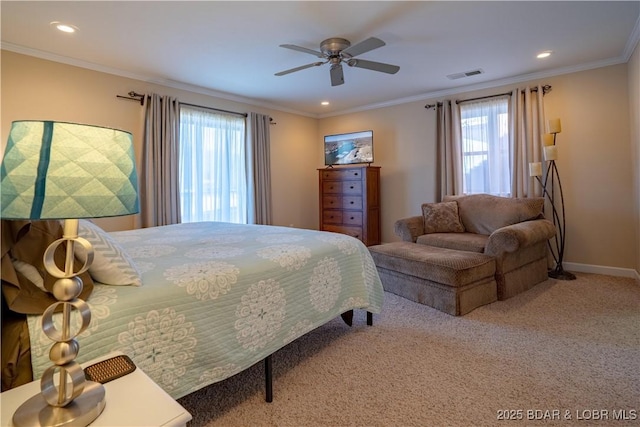 bedroom with visible vents, baseboards, carpet, and ornamental molding