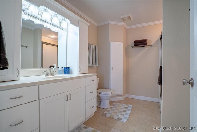 full bathroom with crown molding, baseboards, toilet, a stall shower, and vanity