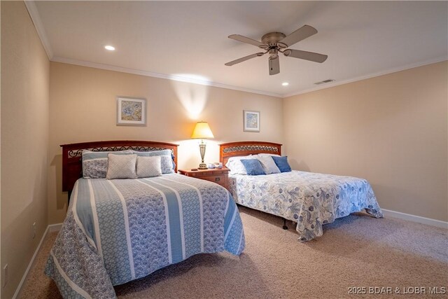 bedroom featuring visible vents, baseboards, ornamental molding, carpet floors, and recessed lighting