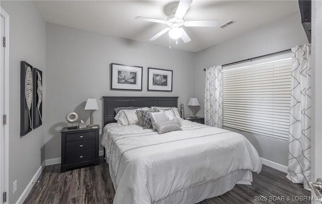 bedroom with dark wood finished floors, baseboards, and visible vents