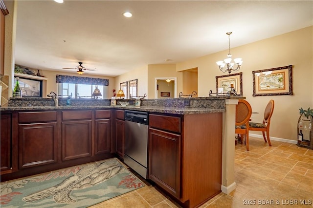 kitchen with ceiling fan with notable chandelier, a sink, baseboards, dishwasher, and hanging light fixtures